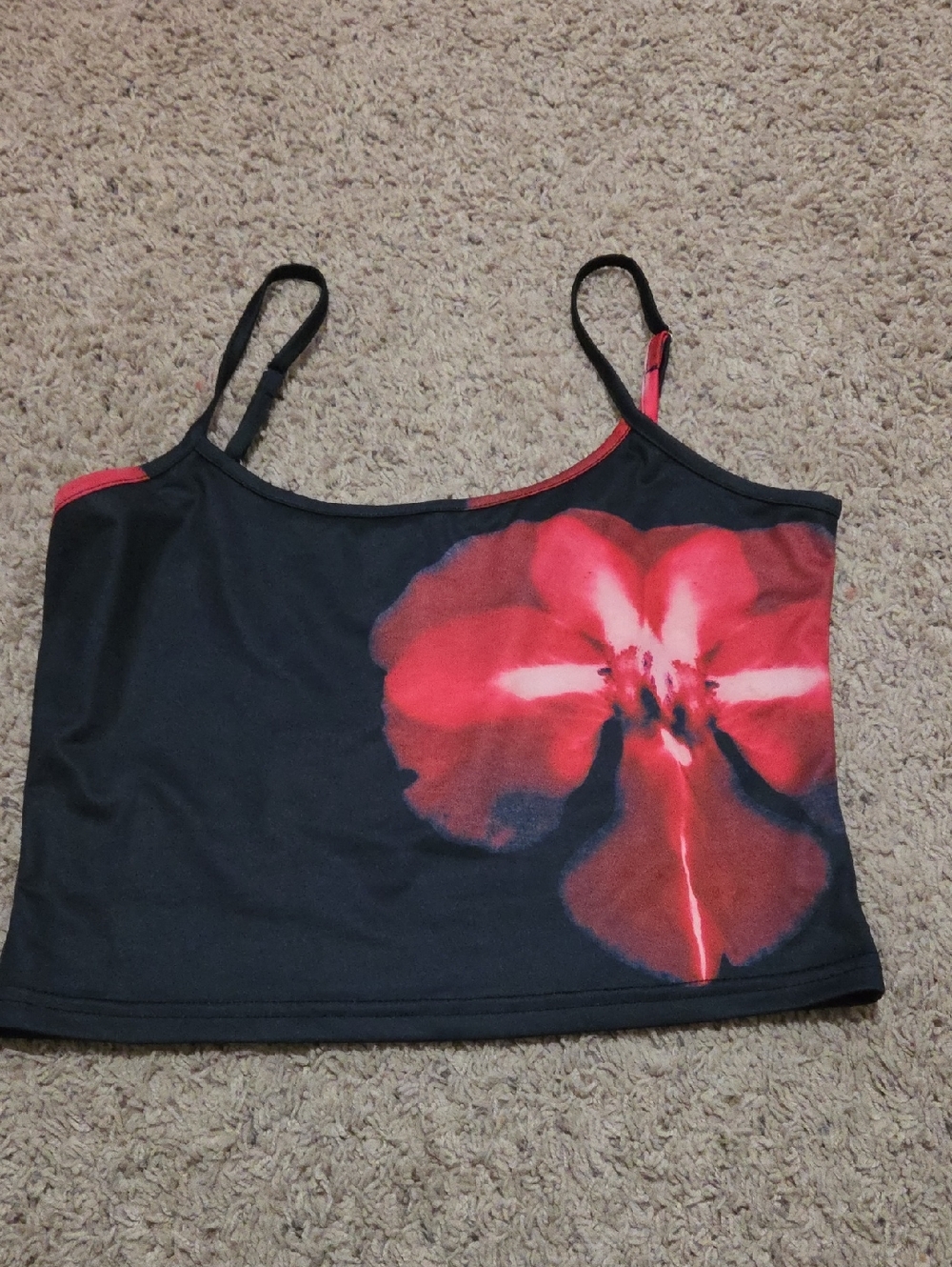 Floral Crop Tank Top - Black with Red Flower